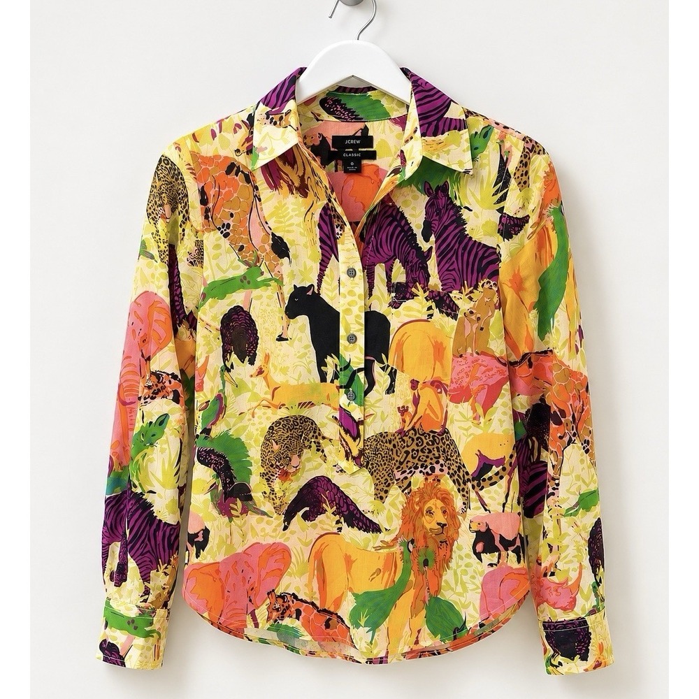 J.Crew Size 6 Safari Animal Print Button Down Shirt Maximalist Resort Statement